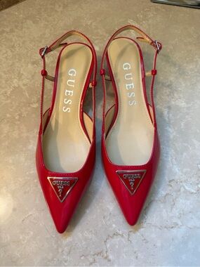 Guess Red Patent Slingback Kitten Heels with Embellished Toe